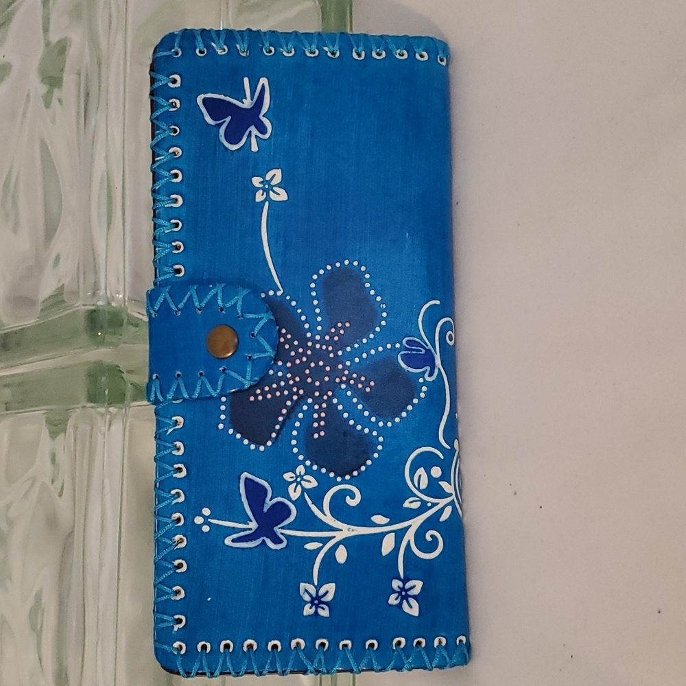 EUC Hand Painted Blue Faux Leather Wallet